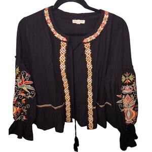 STEVIE HENDER Black Embroidered Tasseled Black Blouse Size Medium